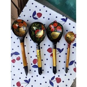 Vintage Russian Khokhloma Hand Painted Wooden Spoons Gold Red Black Lot of 4